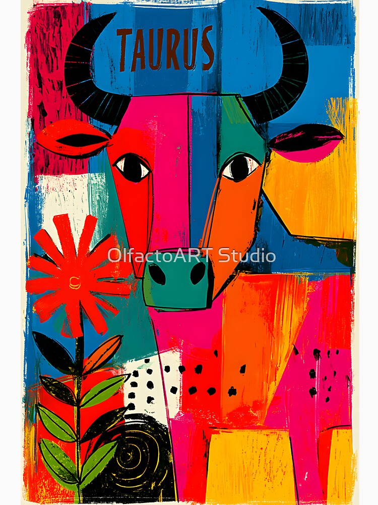 Taurus Zodiac Surrounded by Vibrant Floral Geometry in Contemporary Celestial Astrology Wall Art by OlfactoART Studio