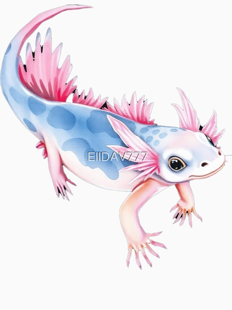 Cute Kawaii Blue Axolotl Watercolor Illustration, Pink Gills Adorable Amphibian Art Print by EllDAV777