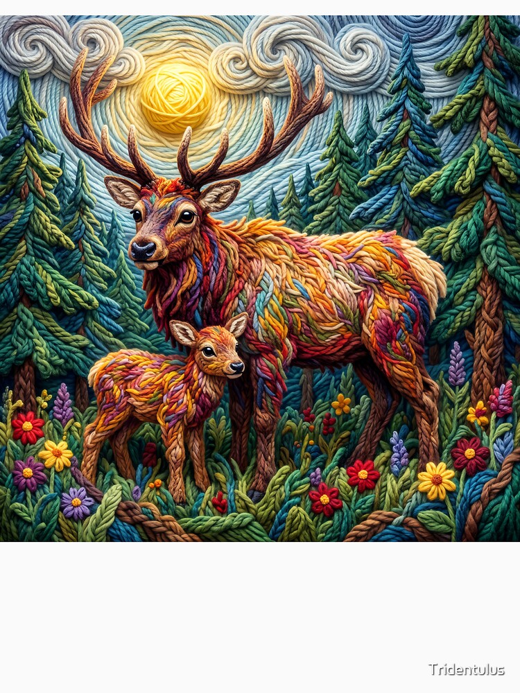 Yarn Elk and Yarn Calf Stand in Forest by Tridentulus