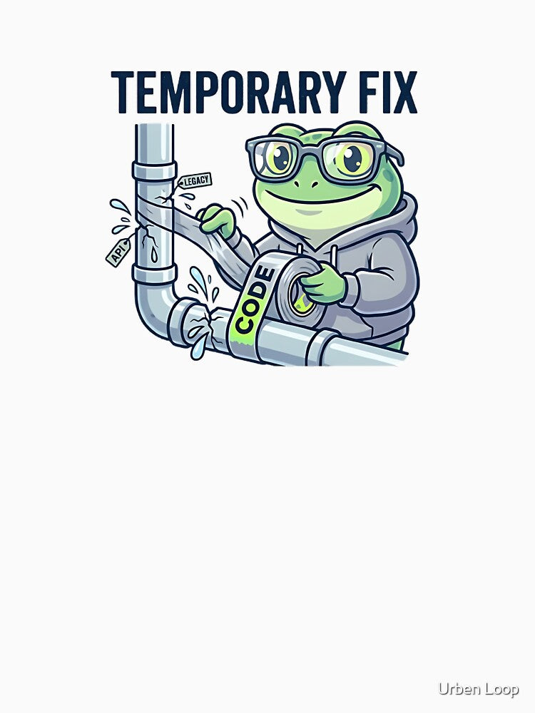 Temporary Fix Coding Frog – Funny Programmer Debugging Sticker, Dev Humor, API Legacy Code Joke by Urben Loop