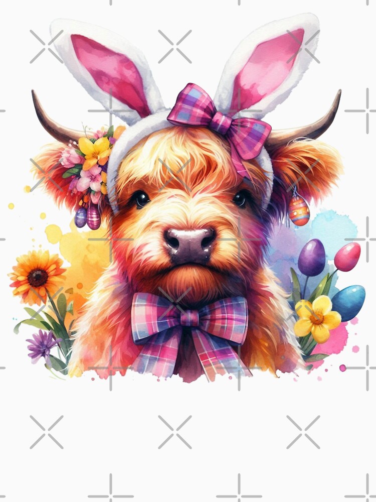 Scottish Highland Cow at Easter wearing Bunny Ears Colorful Watercolor by MaedK