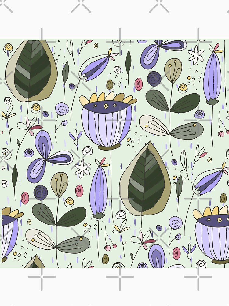 Beautiful Abstract Hand Drawn Purple Flowers and Green Leaves. Wildflowers and Leaves by silviaol