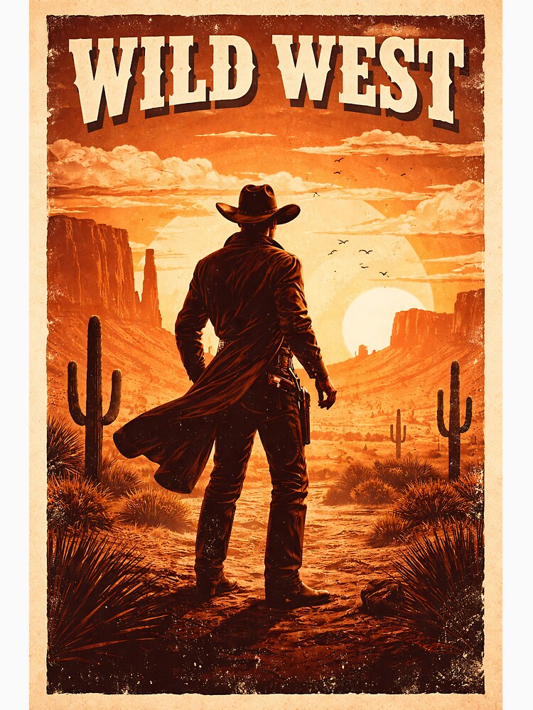 Retro Western Cowboy Silhouette Poster – Desert Sunset Vintage Wild West Art by QuietWallStudio