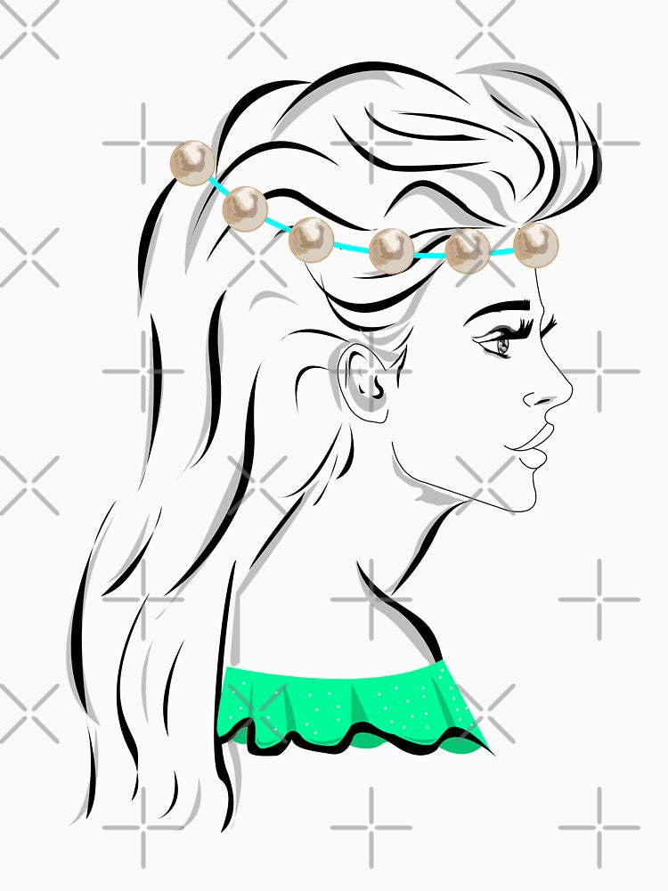 Line art pretty girl with long hair and eyelashes wearing hot green off shoulder dress and pearl crown by SGS-