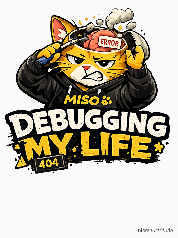 MISO | Debugging My Life Funny Programmer Cat Sticker & T-Shirt Design by Meow-Attitude