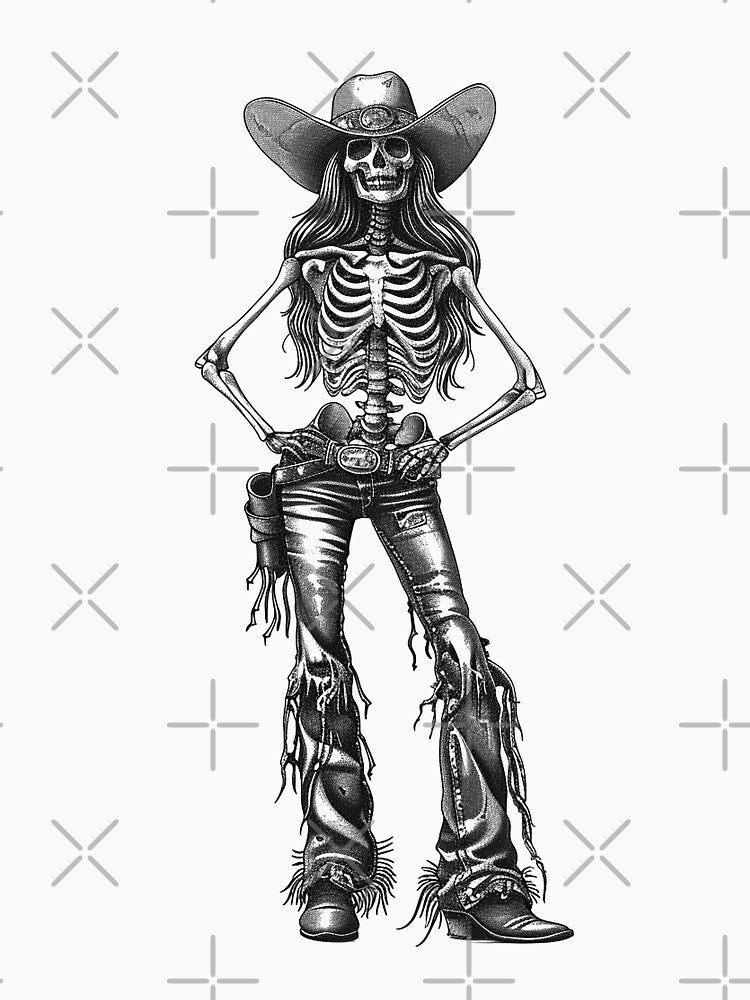 Skeleton Cowgirl – Gothic Western Female Illustration in Black and White by inkoutninja
