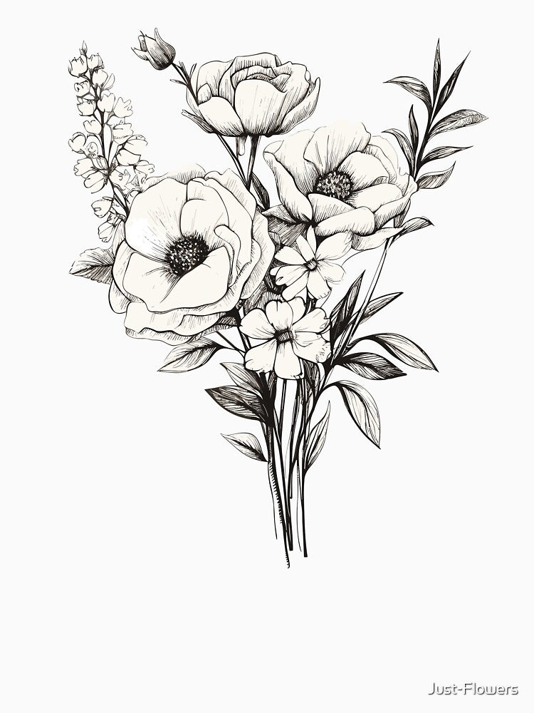 White Hand Drawn Flowers Bouquet - Floral Design by Just-Flowers