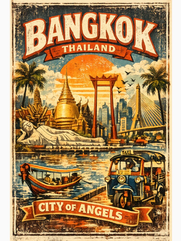 Vintage Bangkok Thailand T-Shirt – Retro City of Angels Travel Poster Graphic Tee by Jeeraphat Homrern