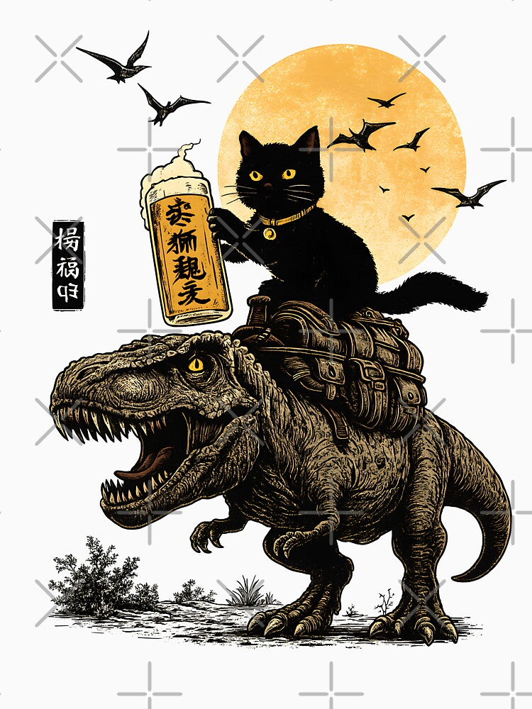 Black Cat Riding T-Rex with Beer by Arcaucil