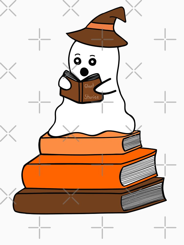 Cute Halloween Ghost Reading Book by Sartoris Art