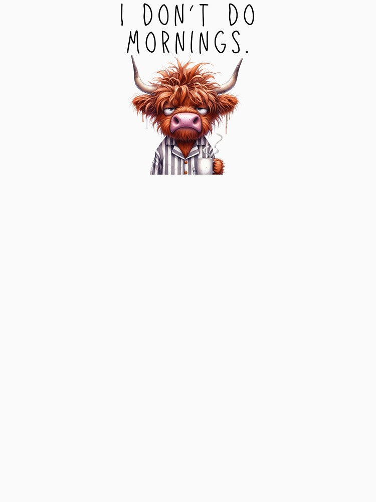 Tired Highland Cow with Coffee Cartoon by ZoesPlace