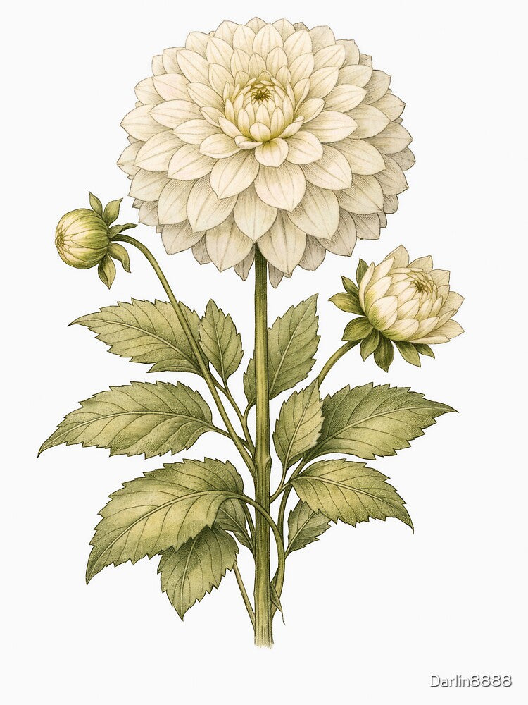 Vintage White Dahlia Botanical Illustration - Antique Flower Print by Darlin8888