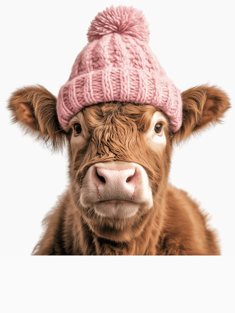Cozy Highland Cow Wearing Pink Winter Hat Trendy Animal Fashion Artwork by LazyOwlStore