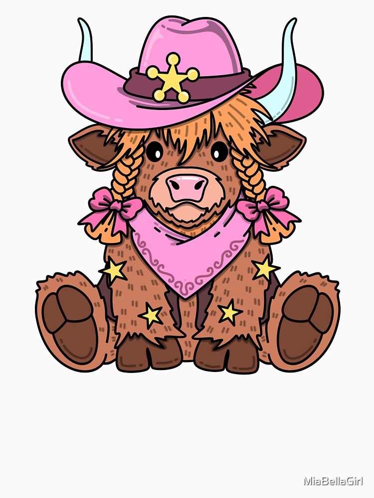 Western Highland Cow Girl in Pink Cowboy Hat & Bows by MiaBellaGirl