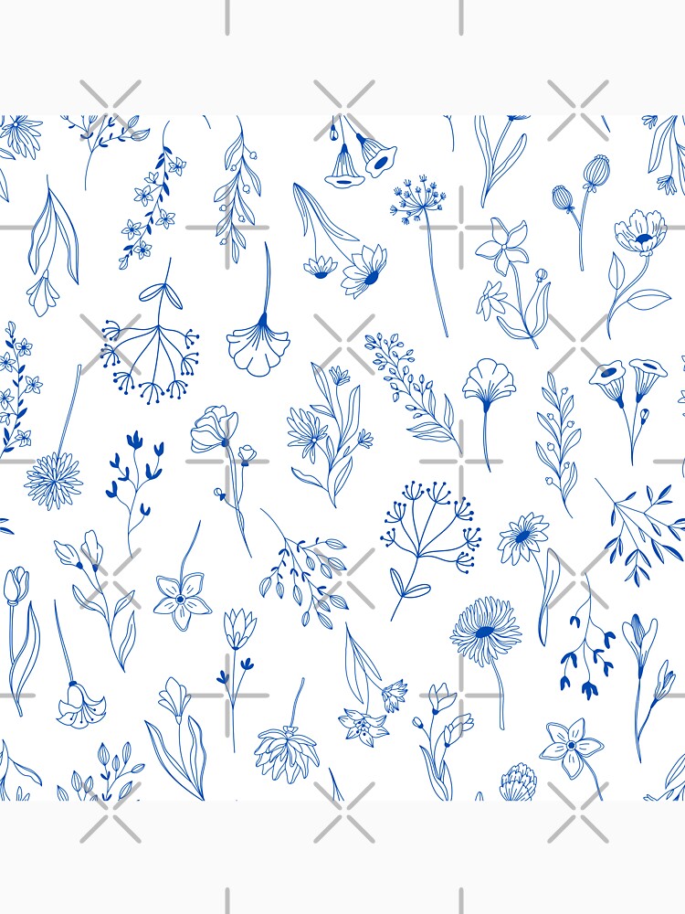 Elegant Line Art Navy Blue Over White Botanical Pattern by silviaol