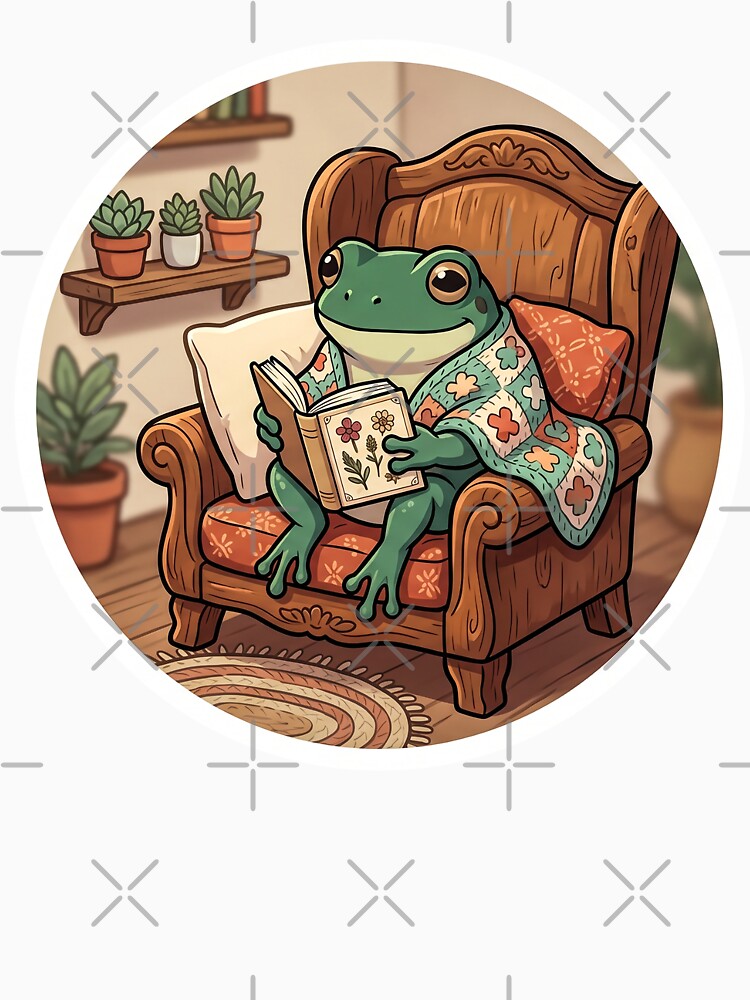 Cottagecore Frog Reading Book in Armchair by CrystalMineArts