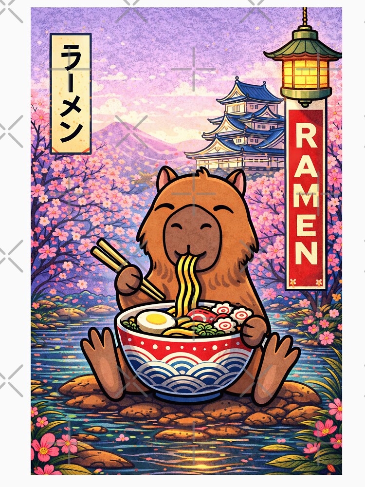Capybara Eating Ramen – Cute Japanese Capybara Art by RetroPop23