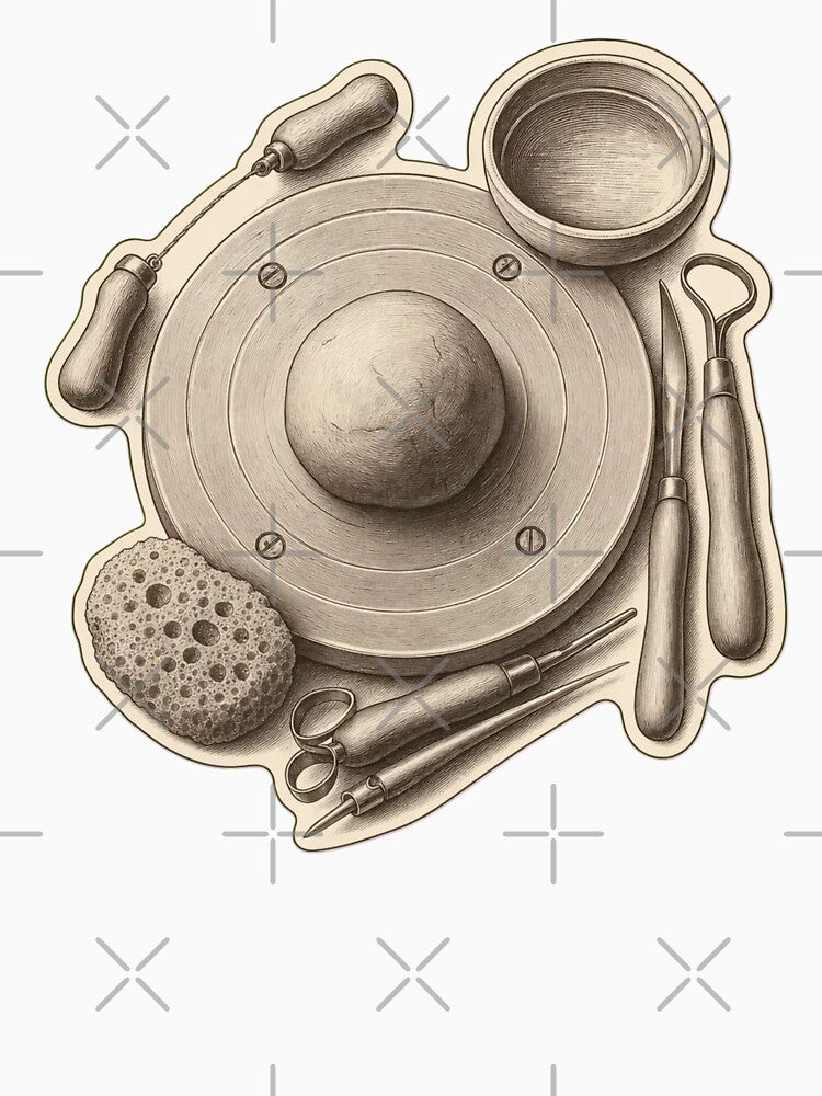 Potter's Wheel Flat Lay | Vintage Pottery Tools Ceramicist Dark Academia Print by StickyGuys