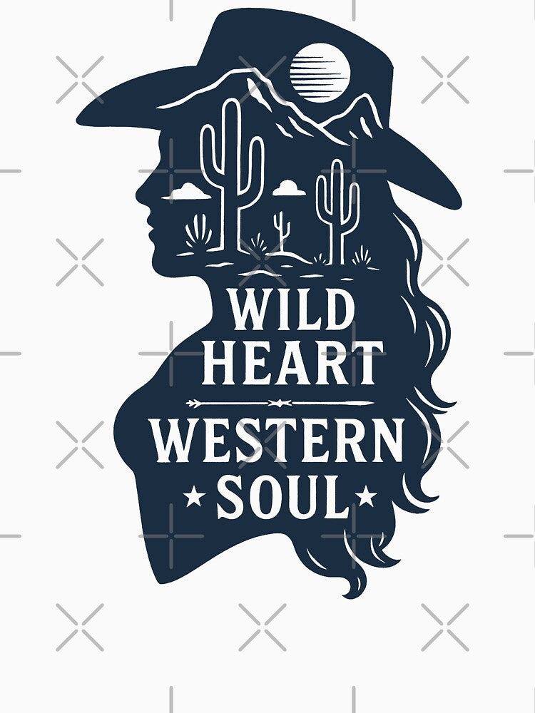 Wild Heart Western Soul – Cowgirl Silhouette Desert Scene Vintage Western Design by trajeado14