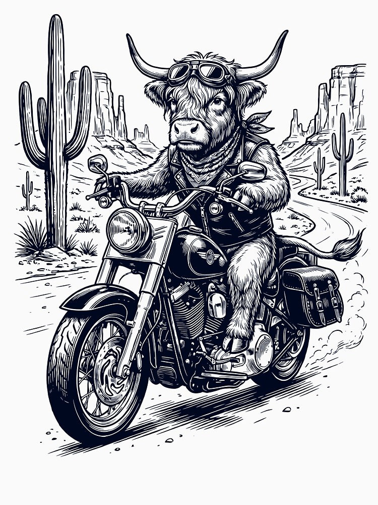 Vintage Highland Cow Riding Motorbike Moto Western Cowboy Animal Lover by DoodleTortle