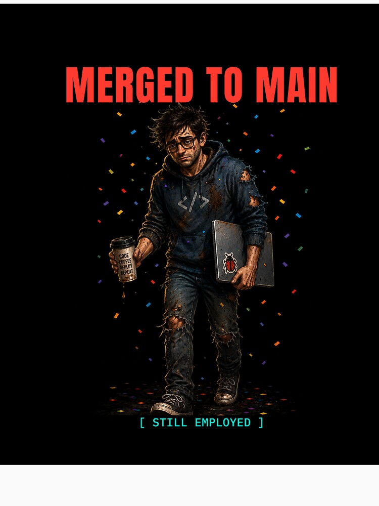 Merged To Main – Still Employed Funny Developer T-Shirt Design by BuggedThreads