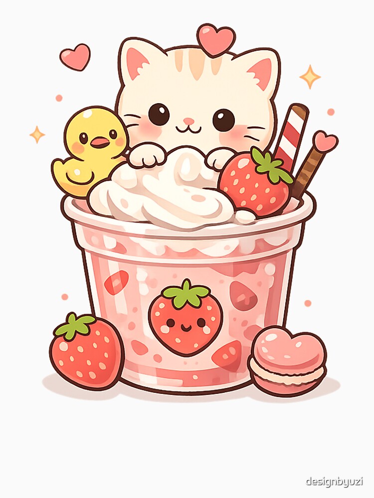 Cute Kawaii Kitten & Duck Strawberry Milkshake | Pastel Cozy Cat Aesthetic Sticker & T-Shirt by designbyuzi