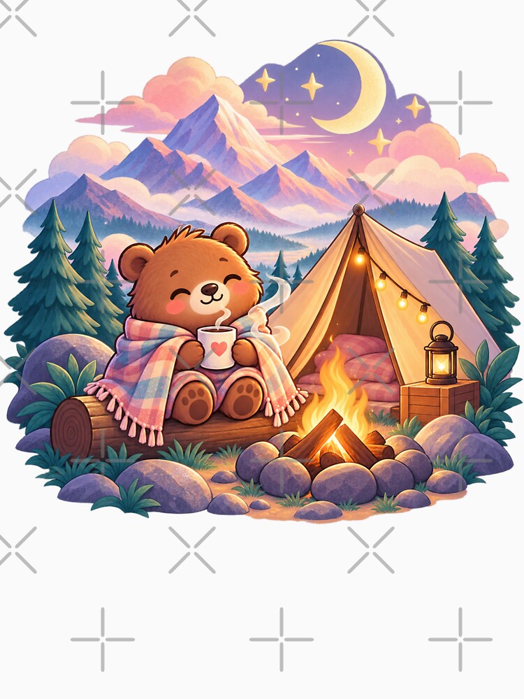 Cozy Bear Camping Under the Stars – Cute Mountain Campfire Adventure by KateVil