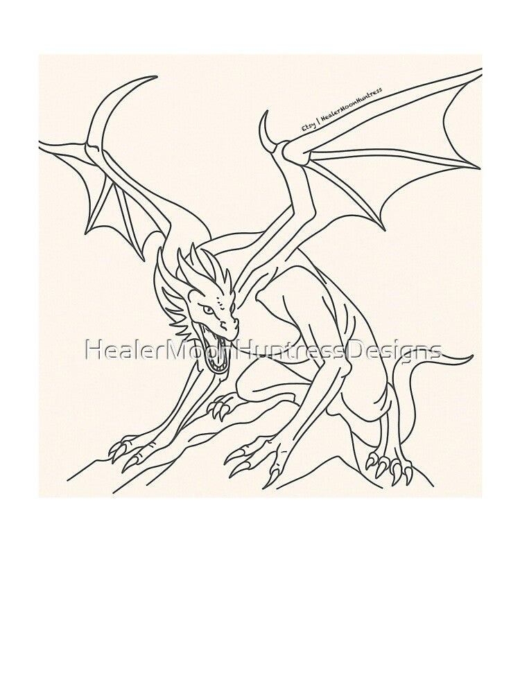 Minimalist Dragon Line Art – One Line Gothic Fantasy Illustration by HealerMoonHuntressDesigns