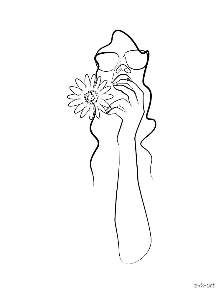 Girl with sunglasses and flower one line drawing by evk-art
