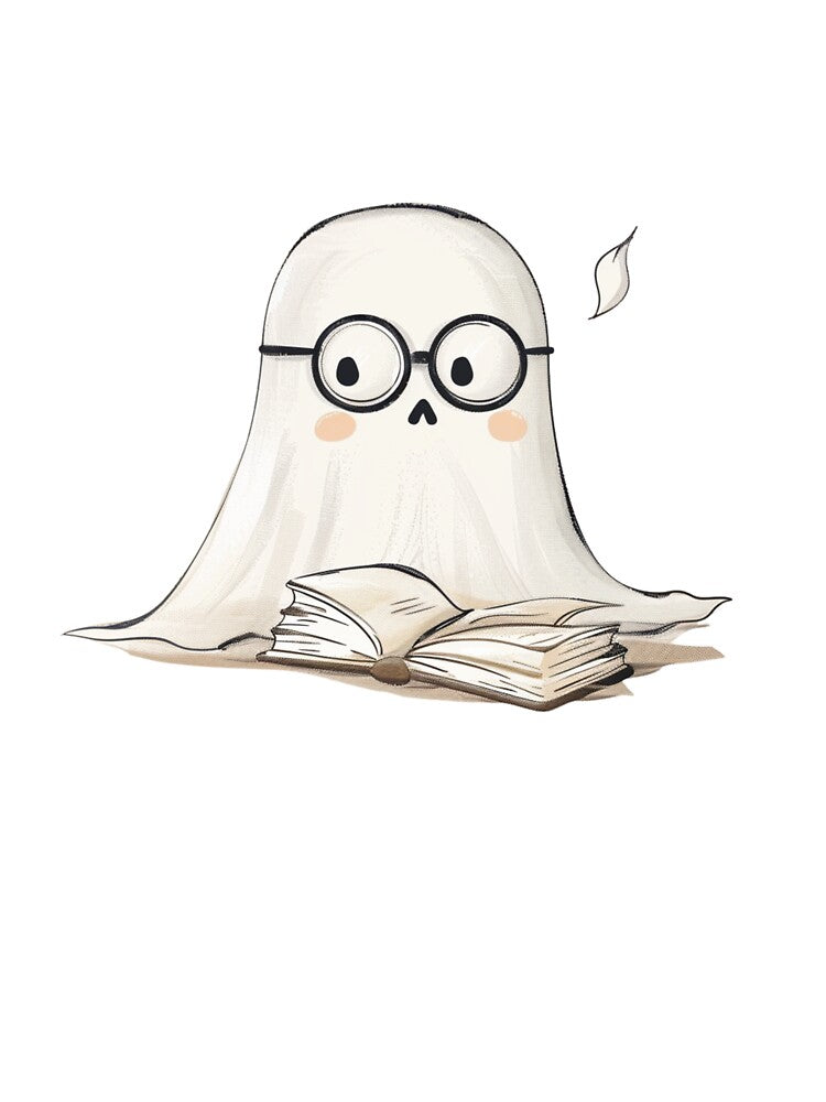Cute Bookish Halloween Ghost – Adorable Spooky Spirit with Glasses and Book Illustration by EchoofElijah