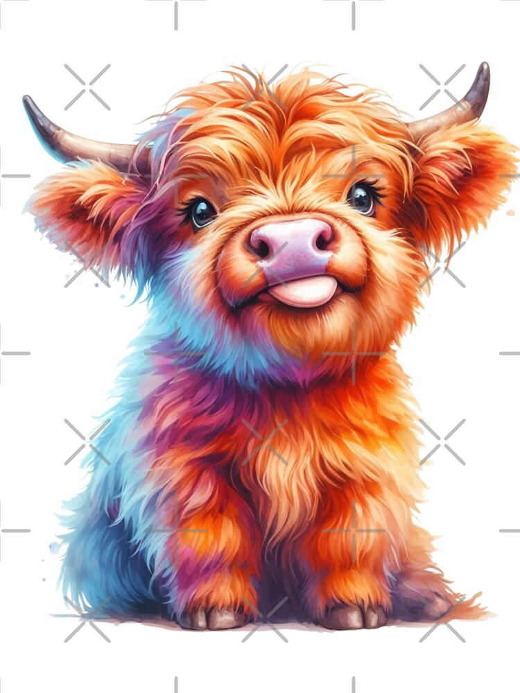 Cute Scottish Baby Highland Cow Calf Sticking Out Tongue Colorful Watercolor by MaedK