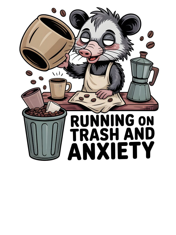 Funny Opossum Barista Running on Trash and Anxiety Meme Retro by Fitswear