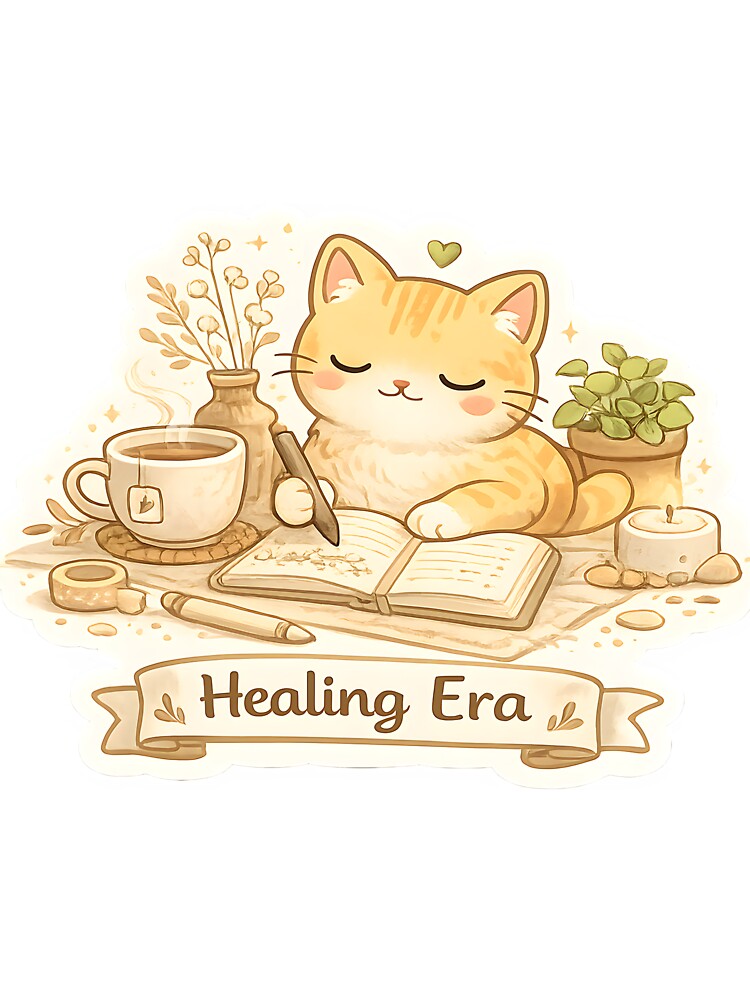 Healing Era Cat Sticker Wellness Art by veralchhaya