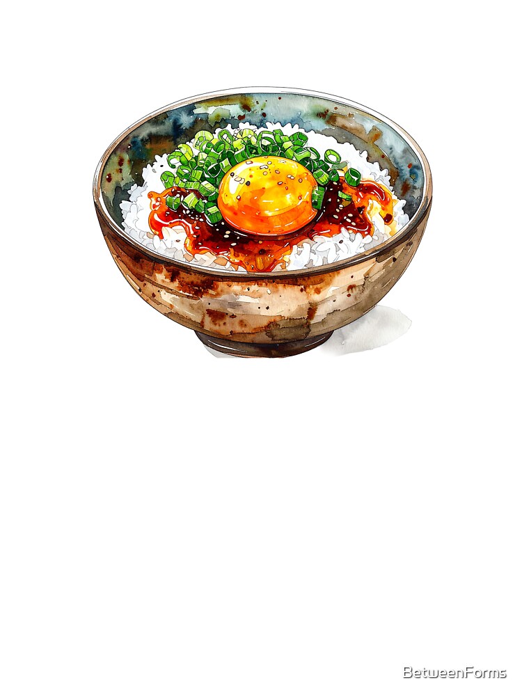 Japanese Rice Bowl Egg Watercolor Illustration by BetweenForms