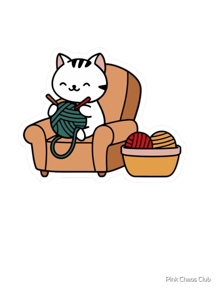 Cute Knitting Cat in Armchair Kawaii Sticker by     Pink Chaos Club