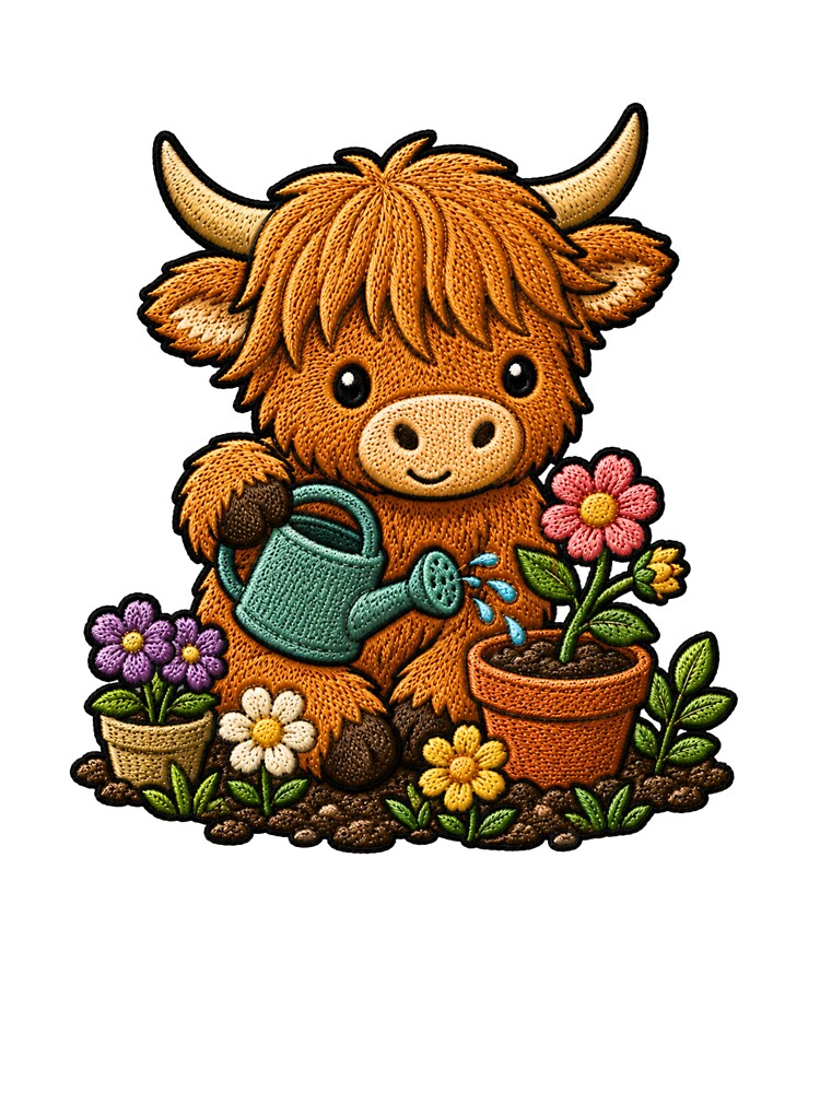 Cute Highland Cow Gardening Kawaii Embroidery Patch by ColorSplash123