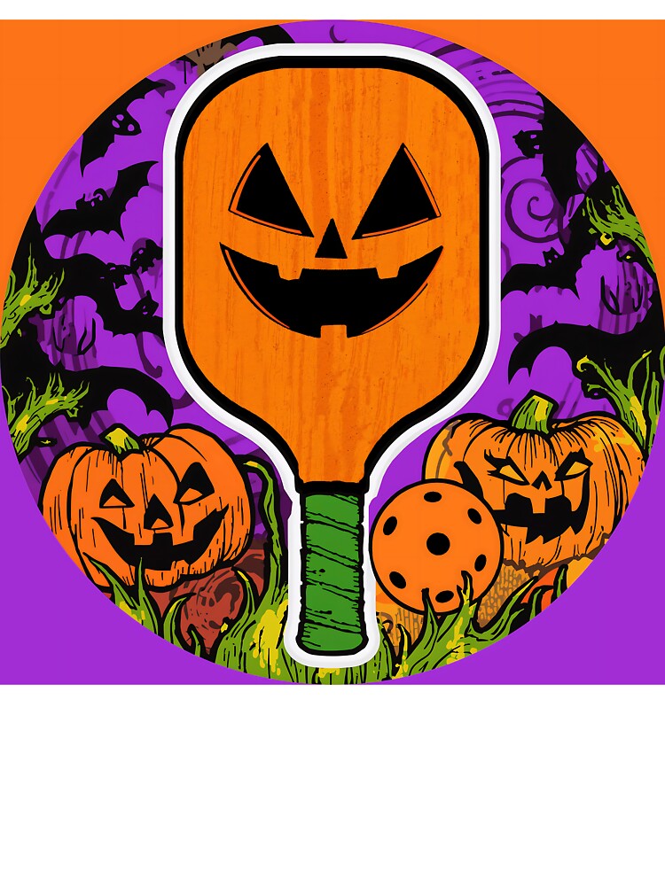 Pickleball Halloween Square Sticker, Art, Print Orange Purple Black #1 by prismloft