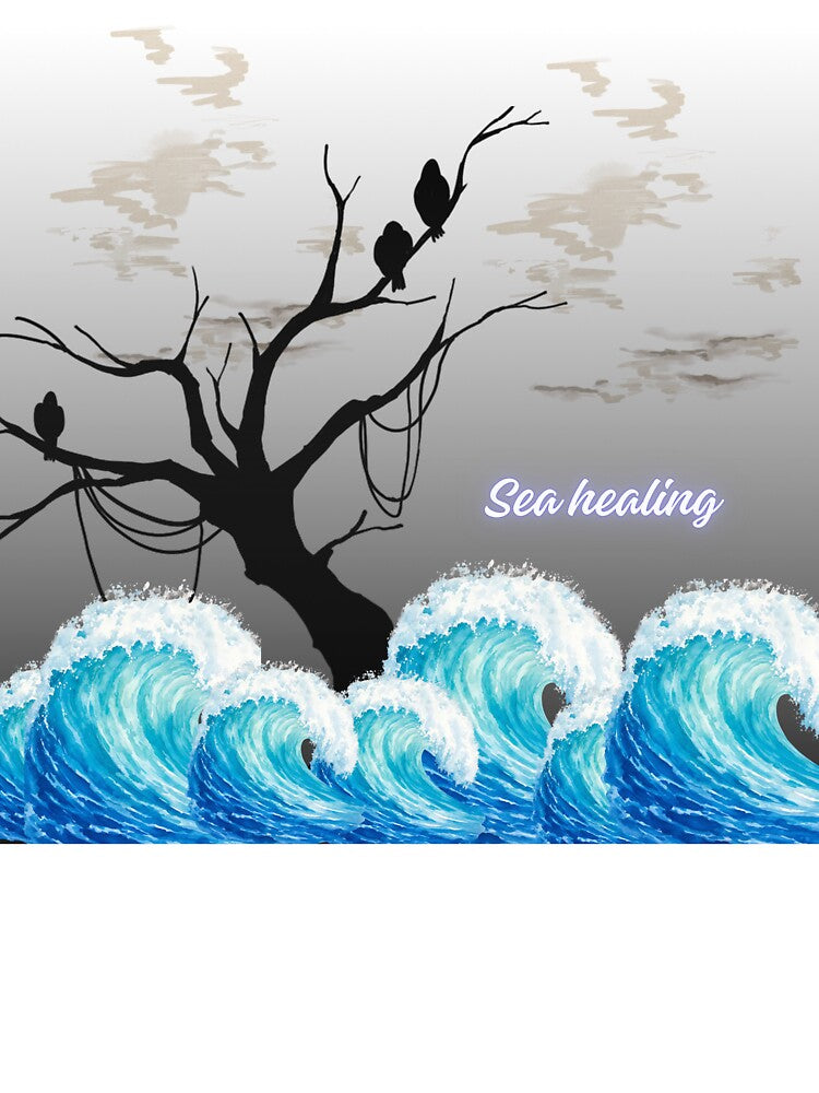 Sea Healing Ocean Waves Silhouette Tree Birds Coastal Nature Meditation Art by Zack4Fashion