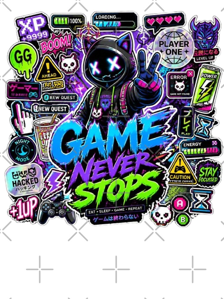 GAME NEVER STOPS | Neon Gaming Sticker | Cyber Gamer Aesthetic Graphic for T-Shirts, Stickers & Gamer Gifts by Stylestickers55