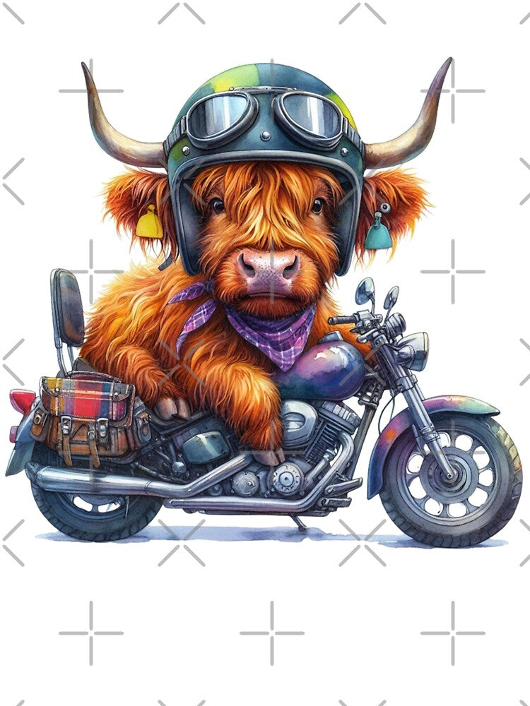 Cool Scottish Highland Cow on a Motorbike Colorful Watercolor by MaedK