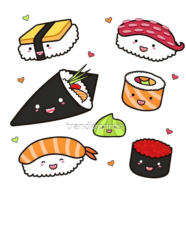 Sushi Rolls - Kawaii Sushi Rolls, Japanese Food Cartoon, Adorable Anime Style Sushi Design by trendieprints