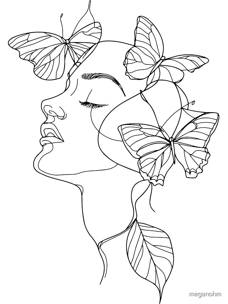Minimalist Woman Face Line Art with Butterflies Elegant Abstract Design by meganohm