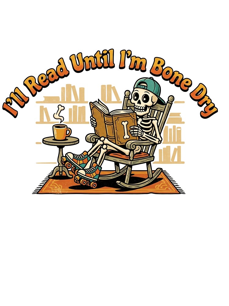 Retro Cartoon Skeleton Reading Book Funny Bookworm Mascot by sanorastyle