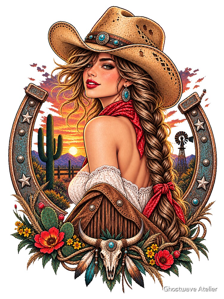 Desert Cowgirl Horseshoe – Vintage Western Sunset by Ghostwave Atelier
