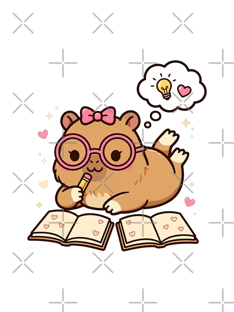 Cute Capybara Studying On Tummy - Kawaii Study Buddy Glasses Sticker by Ala'Salem| Cute Characters, Real Moods