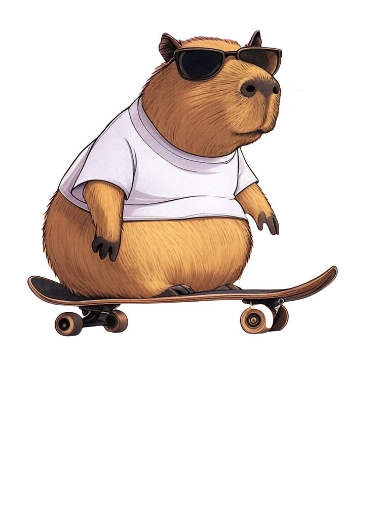 Capybara wearing sunglasses riding a skateboard on the street. by Floresdelimao