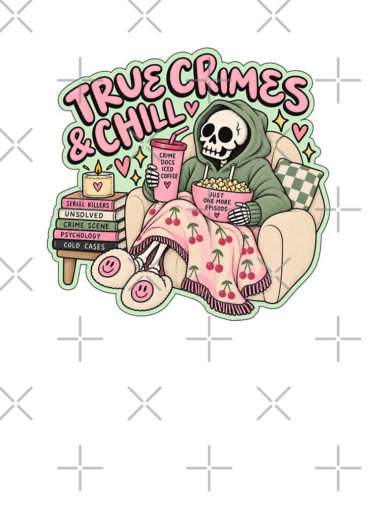 True Crimes & Chill – Cozy Skeleton True Crime Lover Illustration by SnugbugStudios