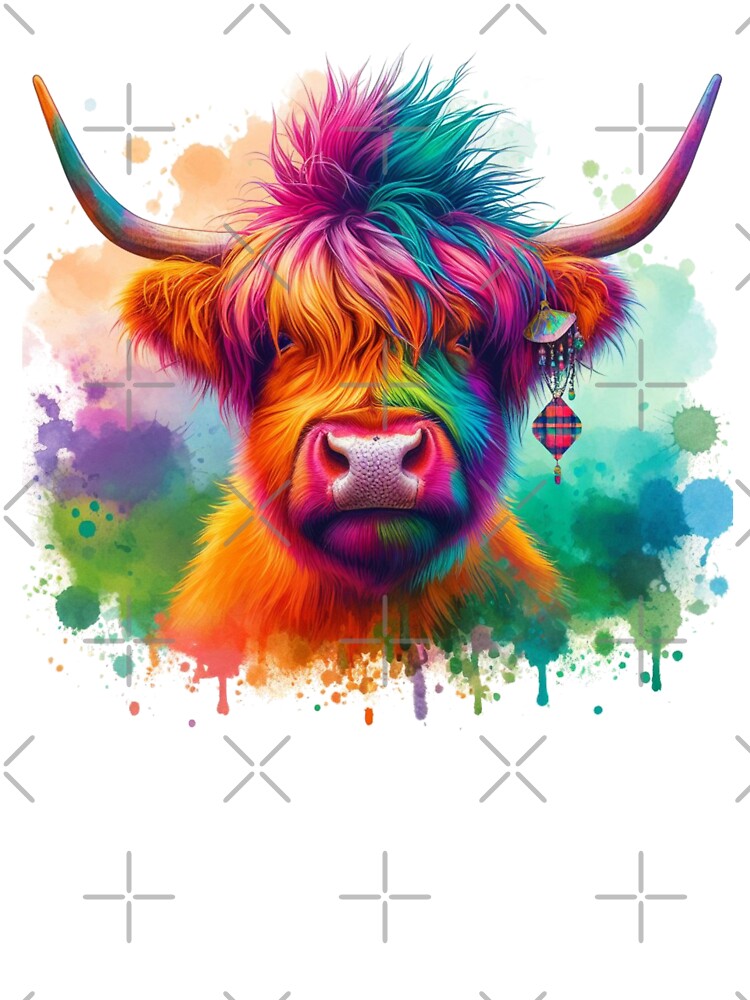 Punk Rocker Scottish Highland Cow Colorful Watercolor by MaedK