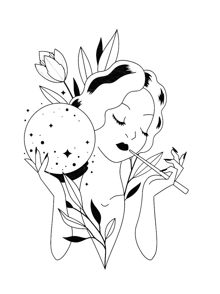 Minimalist line art - psychic girl by synthesizer
