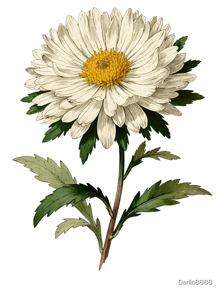 Vintage White Aster Botanical Illustration - Antique Floral Art by Darlin8888